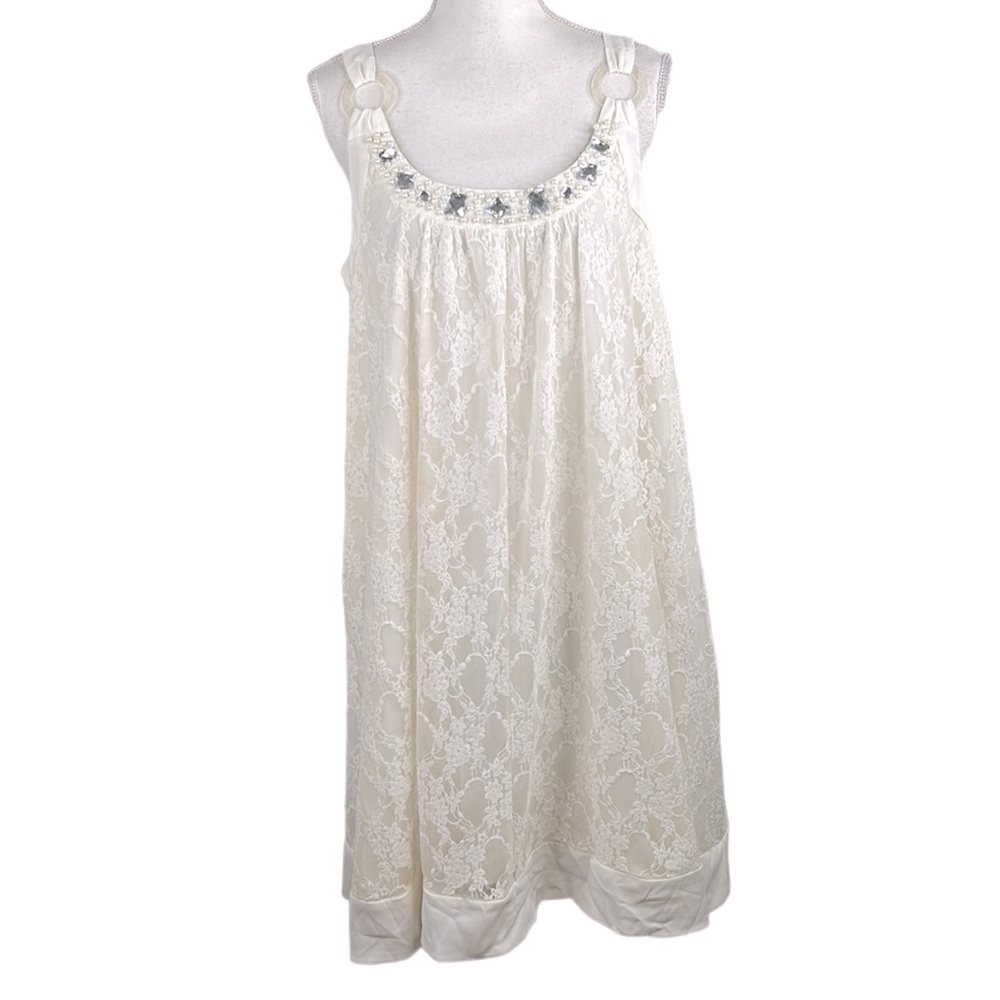 Lapis Cream Lace Jewel Neck with Pearls Sleeveless Midi Dress‎ Size Large